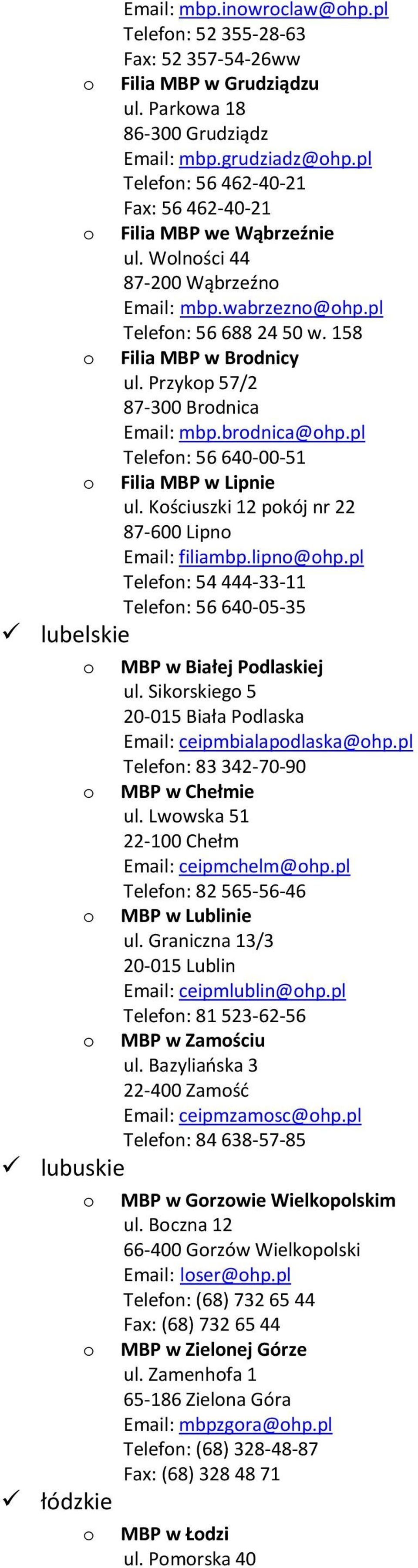 Przykp 57/2 87-300 Brdnica Email: mbp.brdnica@hp.pl Telefn: 56 640-00-51 Filia MBP w Lipnie ul. Kściuszki 12 pkój nr 22 87-600 Lipn Email: filiambp.lipn@hp.