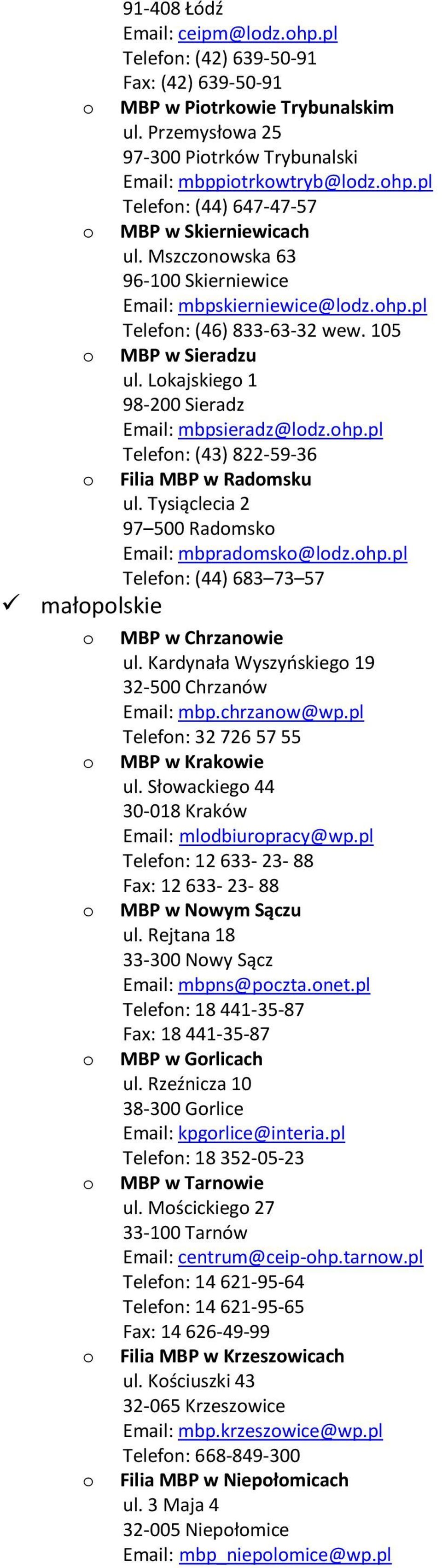 Tysiąclecia 2 97 500 Radmsk Email: mbpradmsk@ldz.hp.pl Telefn: (44) 683 73 57 MBP w Chrzanwie ul. Kardynała Wyszyńskieg 19 32-500 Chrzanów Email: mbp.chrzanw@wp.