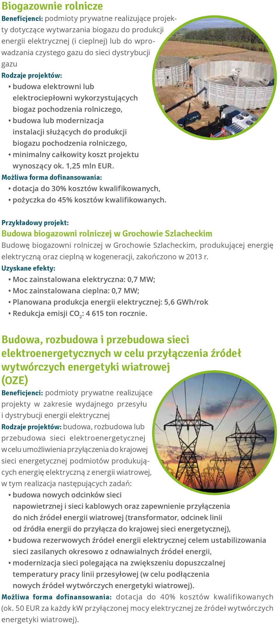 pochodzenia rolniczego, minimalny całkowity koszt projektu wynoszący ok. 1,25 mln EUR. dotacja do 30% kosztów kwalifikowanych, pożyczka do 45% kosztów kwalifikowanych.