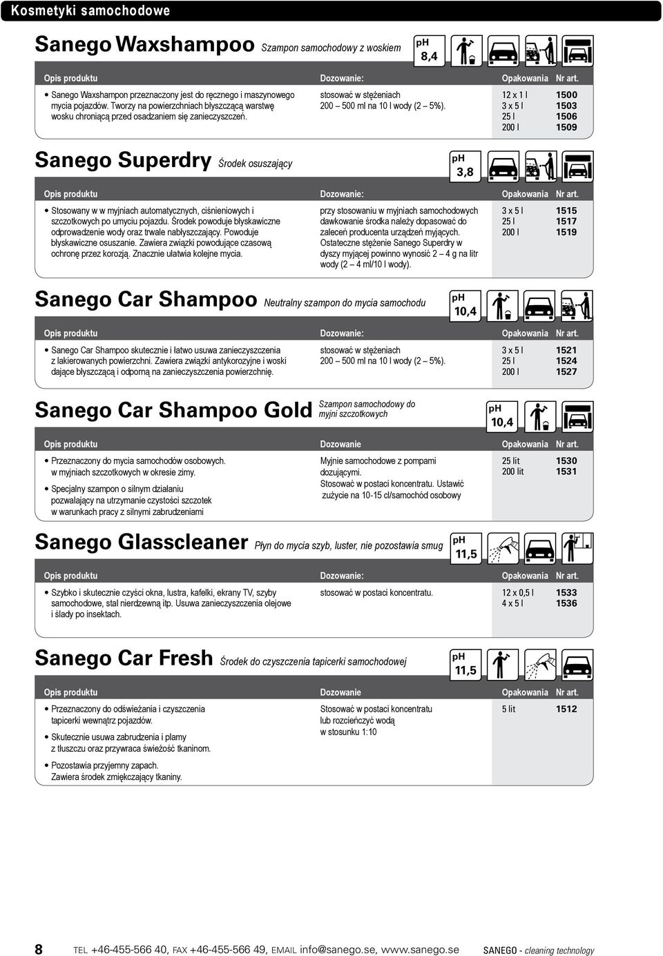 12 x 1 l 1500 3 x 5 l 1503 25 l 1506 200 l 1509 Sanego Superdry Środek osuszający Stosowany w w myjniach automatycznych, ciśnieniowych i szczotkowych po umyciu pojazdu.