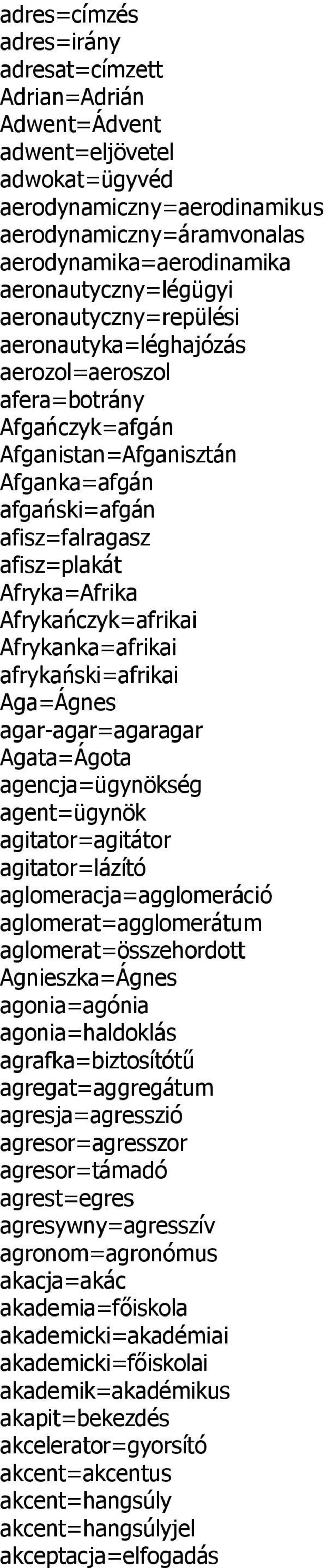 Afryka=Afrika Afrykańczyk=afrikai Afrykanka=afrikai afrykański=afrikai Aga=Ágnes agar-agar=agaragar Agata=Ágota agencja=ügynökség agent=ügynök agitator=agitátor agitator=lázító