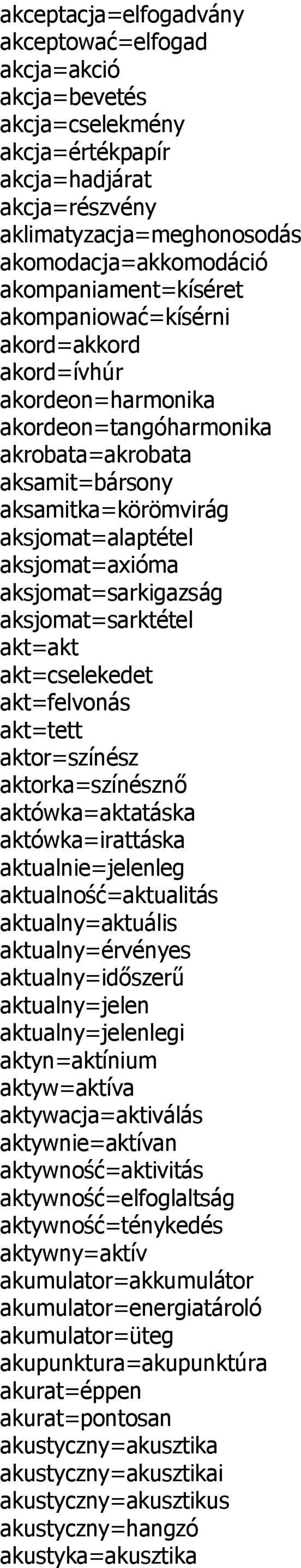 aksjomat=axióma aksjomat=sarkigazság aksjomat=sarktétel akt=akt akt=cselekedet akt=felvonás akt=tett aktor=színész aktorka=színésznő aktówka=aktatáska aktówka=irattáska aktualnie=jelenleg
