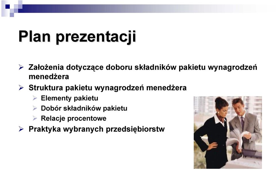 wynagrodzeń menedżera Elementy pakietu Dobór