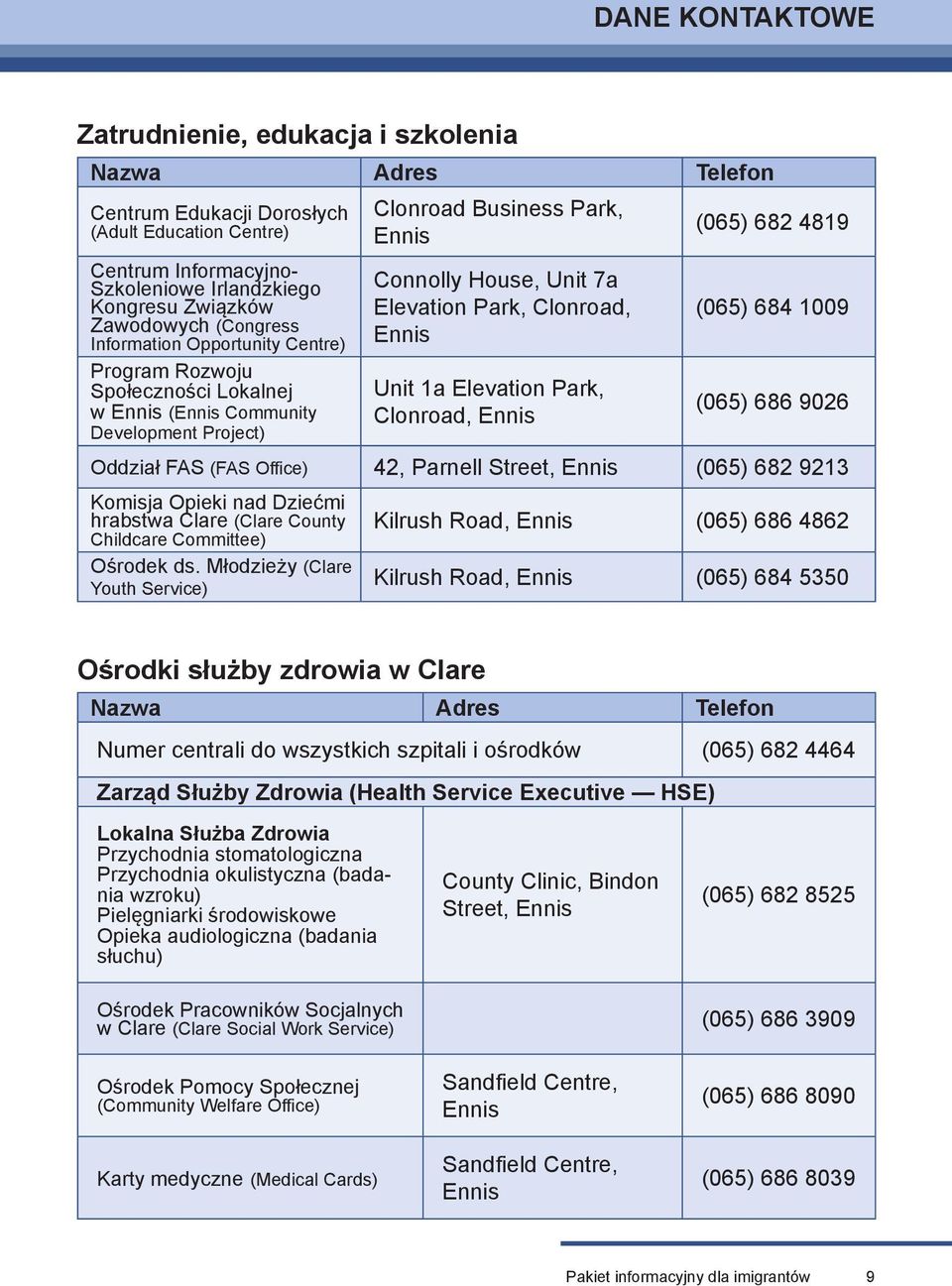 Ennis Unit 1a Elevation Park, Clonroad, Ennis (065) 682 4819 (065) 684 1009 (065) 686 9026 Oddział FAS (FAS Office) 42, Parnell Street, Ennis (065) 682 9213 Komisja Opieki nad Dziećmi hrabstwa Clare