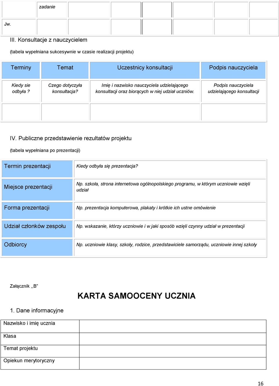 Publiczne przedstawienie rezultatów projektu (tabela wypełniana po prezentacji) Termin prezentacji Kiedy odbyła się prezentacja? Miejsce prezentacji Np.