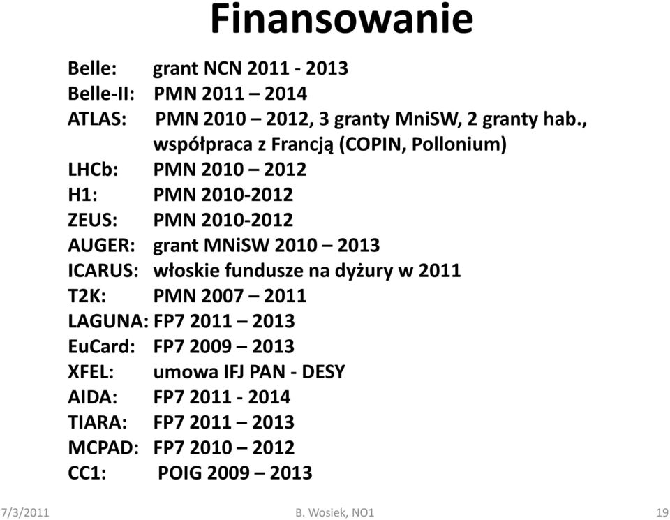 2010 2013 ICARUS: włoskie fundusze na dyżury w 2011 T2K: PMN 2007 2011 LAGUNA: FP7 2011 2013 EuCard: FP7 2009 2013 XFEL: