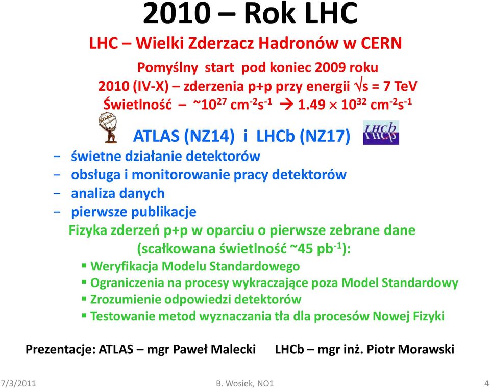 w oparciu o pierwsze zebrane dane (scałkowana świetlność ~45 pb -1 ): Weryfikacja Modelu Standardowego Ograniczenia na procesy wykraczające poza Model Standardowy