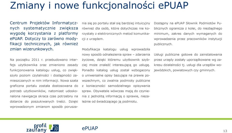 przebudowano interfejs użytkownika oraz zmieniono zasady funkcjonowania katalogu usług, co zwiększyło poziom czytelności i dostępności zamieszczanych w nim informacji.