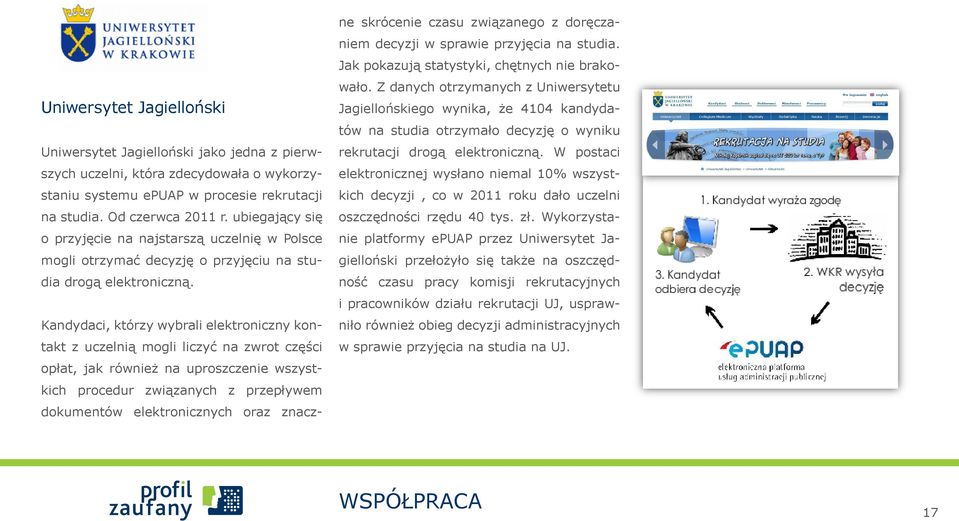 Kandydaci, którzy wybrali elektroniczny kontakt z uczelnią mogli liczyć na zwrot części opłat, jak również na uproszczenie wszystkich procedur związanych z przepływem dokumentów elektronicznych oraz