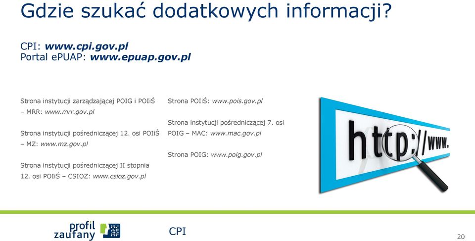 osi POIiŚ MZ: www.mz.gov.pl Strona instytucji pośredniczącej II stopnia 12. osi POIiŚ CSIOZ: www.csioz.gov.pl Strona POIiŚ: www.