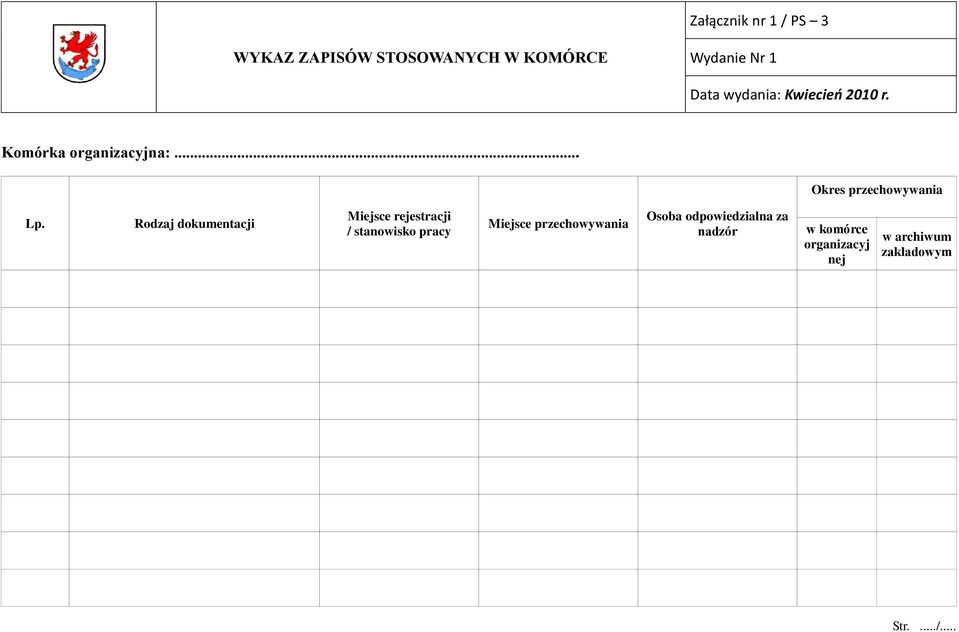 Rodzaj dokumentacji Miejsce rejestracji / stanowisko pracy Miejsce