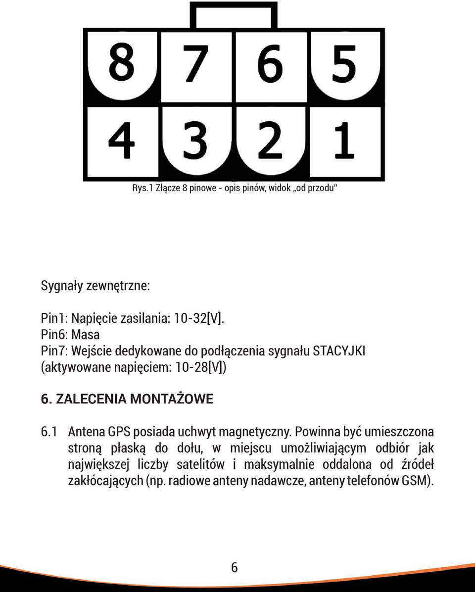 ZALECENIA MONTAŻOWE 6.1 Antena GPS posiada uchwyt magnetyczny.