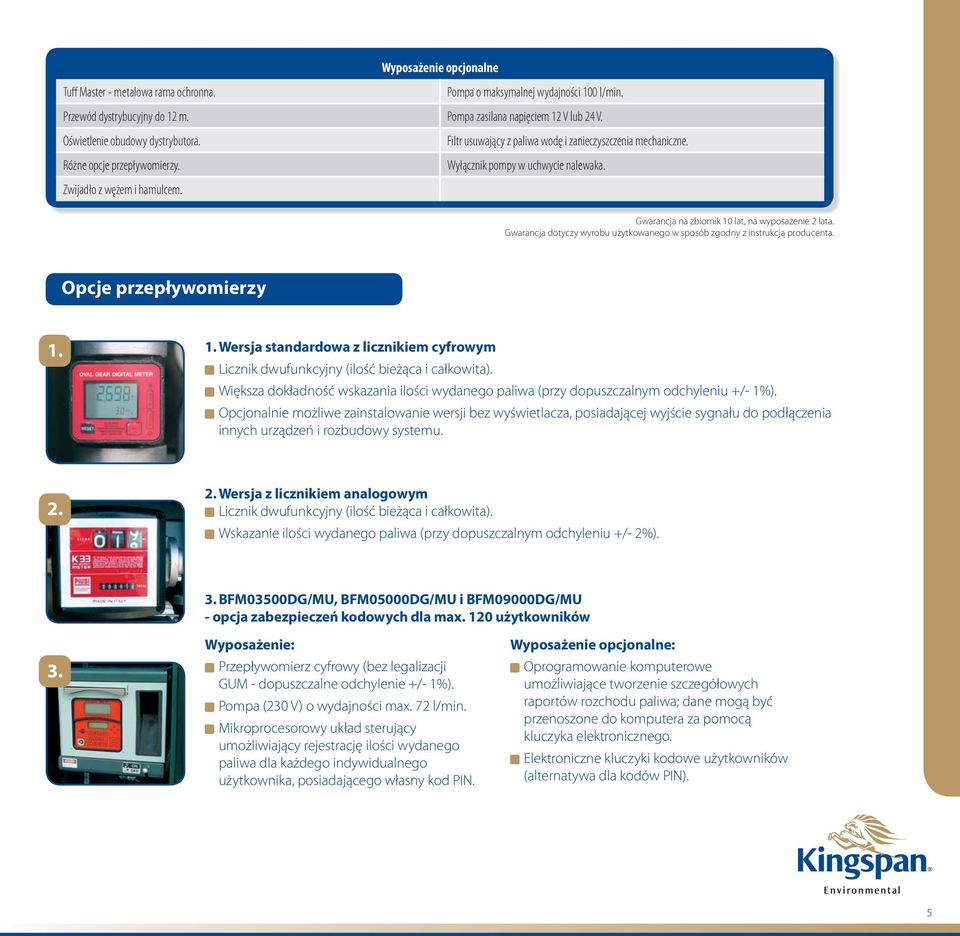 Gwarancja na zbiornik 10 lat, na wyposażenie 2 lata. Gwarancja dotyczy wyrobu użytkowanego w sposób zgodny z instrukcją producenta. Opcje przepływomierzy 1. 1. Wersja standardowa z licznikiem cyfrowym Licznik dwufunkcyjny (ilość bieżąca i całkowita).