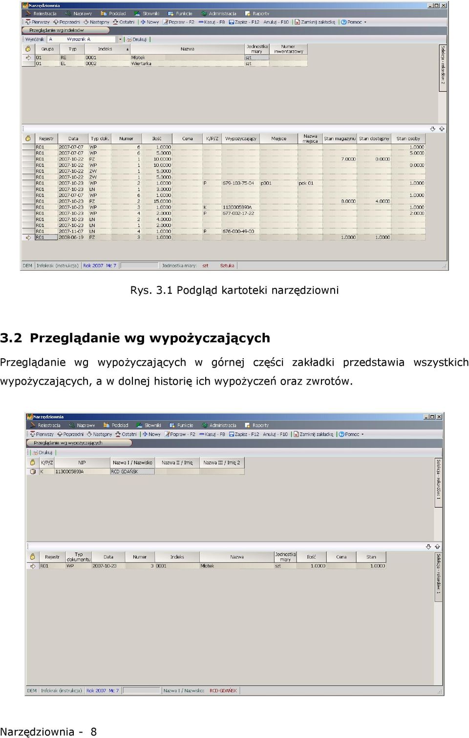 wypożyczających w górnej części zakładki przedstawia