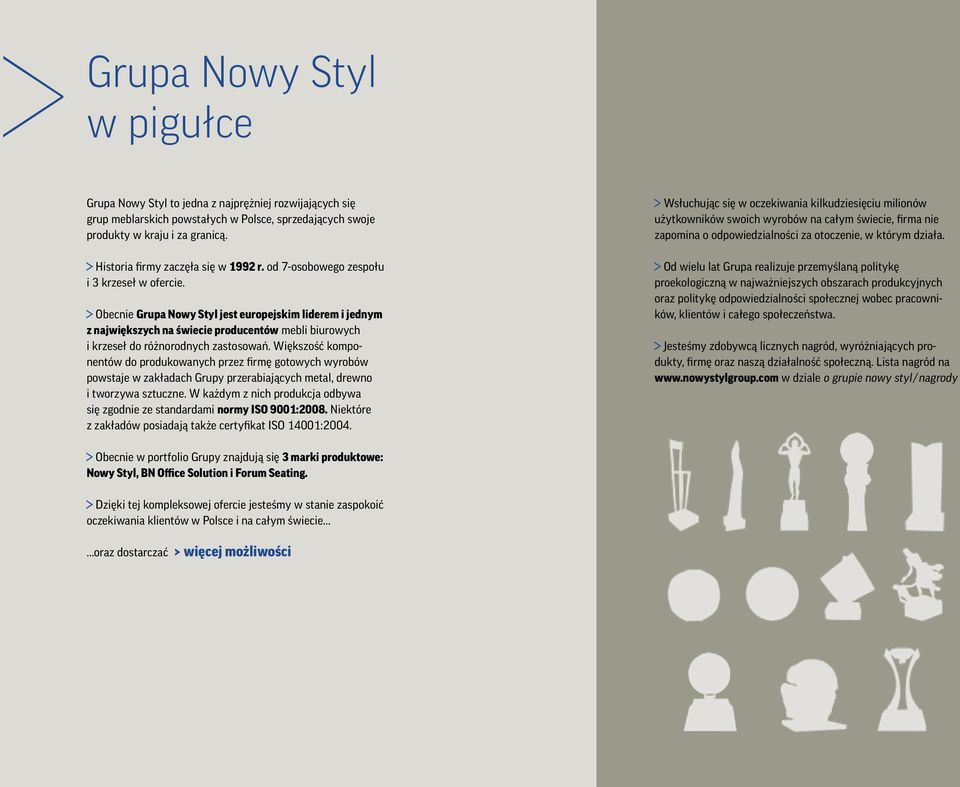 Obecnie Grupa Nowy Styl jest europejskim liderem i jednym z największych na świecie producentów mebli biurowych i krzeseł do różnorodnych zastosowań.