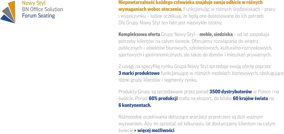 Kompleksowa oferta Grupy Nowy Styl meble, siedziska od lat zaspokaja potrzeby klientów na całym świecie.