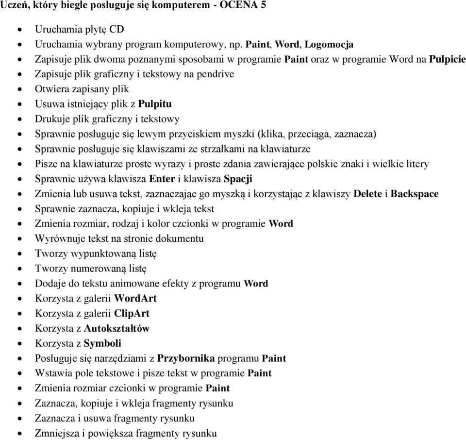 istniejący plik z Pulpitu Drukuje plik graficzny i tekstowy Sprawnie posługuje się lewym przyciskiem myszki (klika, przeciąga, zaznacza) Sprawnie posługuje się klawiszami ze strzałkami na klawiaturze