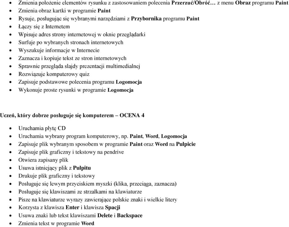 kopiuje tekst ze stron internetowych Sprawnie przegląda slajdy prezentacji multimedialnej Rozwiązuje komputerowy quiz Zapisuje podstawowe polecenia programu Logomocja Wykonuje proste rysunki w