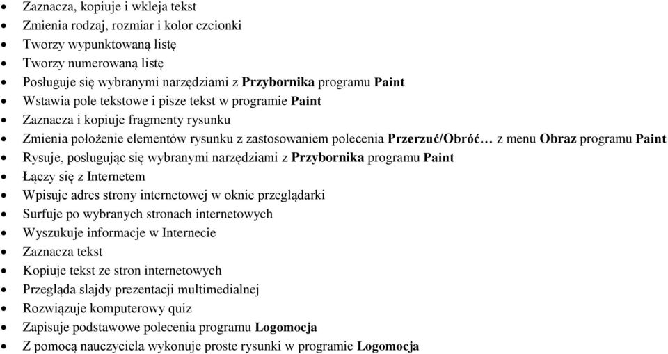 posługując się wybranymi narzędziami z Przybornika programu Paint Łączy się z Internetem Wpisuje adres strony internetowej w oknie przeglądarki Surfuje po wybranych stronach internetowych Wyszukuje