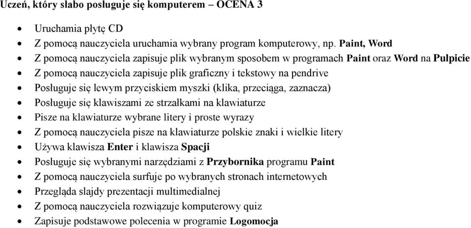 przyciskiem myszki (klika, przeciąga, zaznacza) Posługuje się klawiszami ze strzałkami na klawiaturze Pisze na klawiaturze wybrane litery i proste wyrazy Z pomocą nauczyciela pisze na klawiaturze