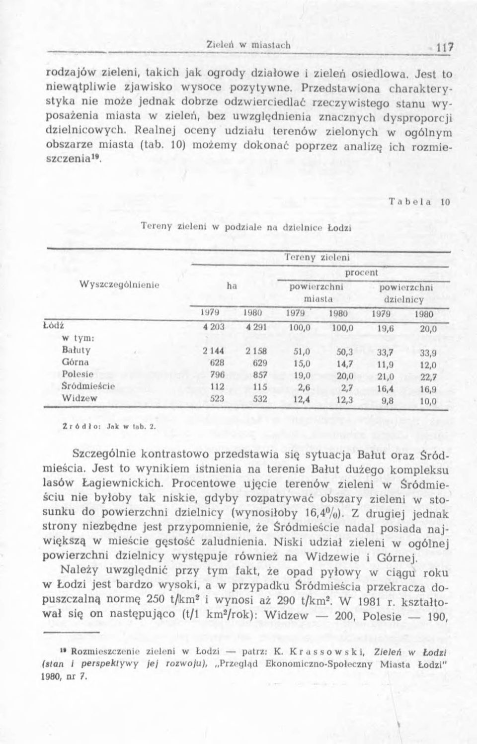 Realnej oceny udziału terenów zielonych w ogólnym obszarze m iasta (tab. 10) m ożem y dokonać poprzez analizę ich rozm ieszczenia19.