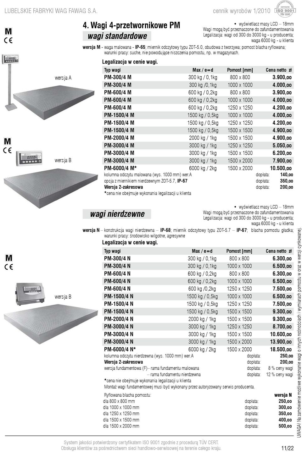 IP-65; miernik odczytowy typu ZOT-5.0, obudowa z tworzywa; pomost blacha ryflowana; warunki pracy: suche, nie powoduj¹ce niszczenia pomostu, np. w magazynach. PM-300/4 M 300 kg / 0,1kg 800 x 800 3.