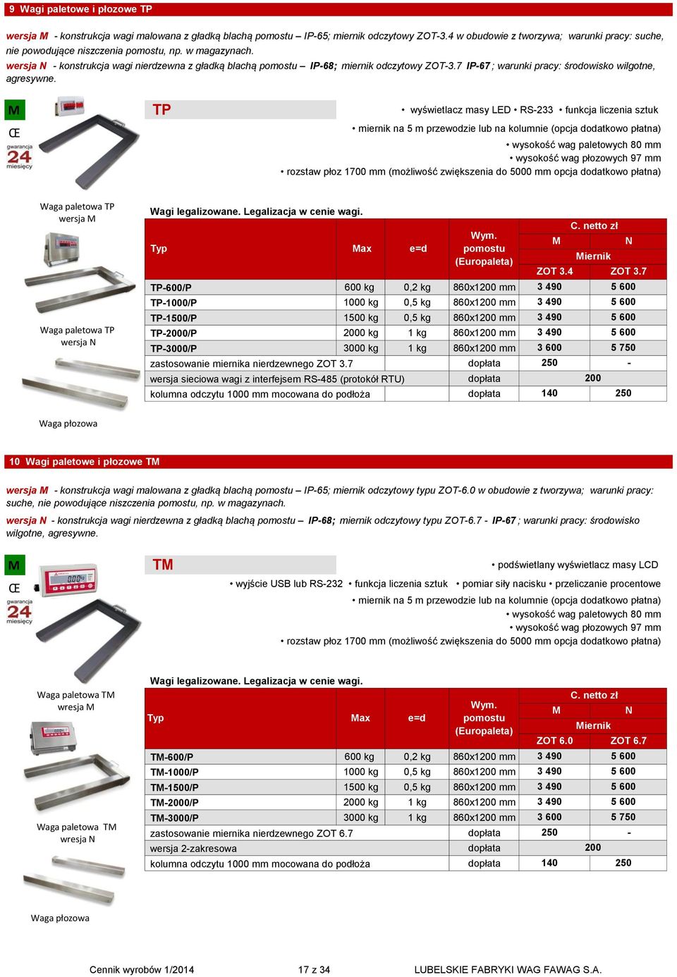 TP wyświetlacz masy LED RS233 funkcja liczenia sztuk miernik na 5 m przewodzie lub na kolum (opcja dodatkowo płatna) wysokość wag paletowych 80 mm wysokość wag płozowych 97 mm rozstaw płoz 1700 mm