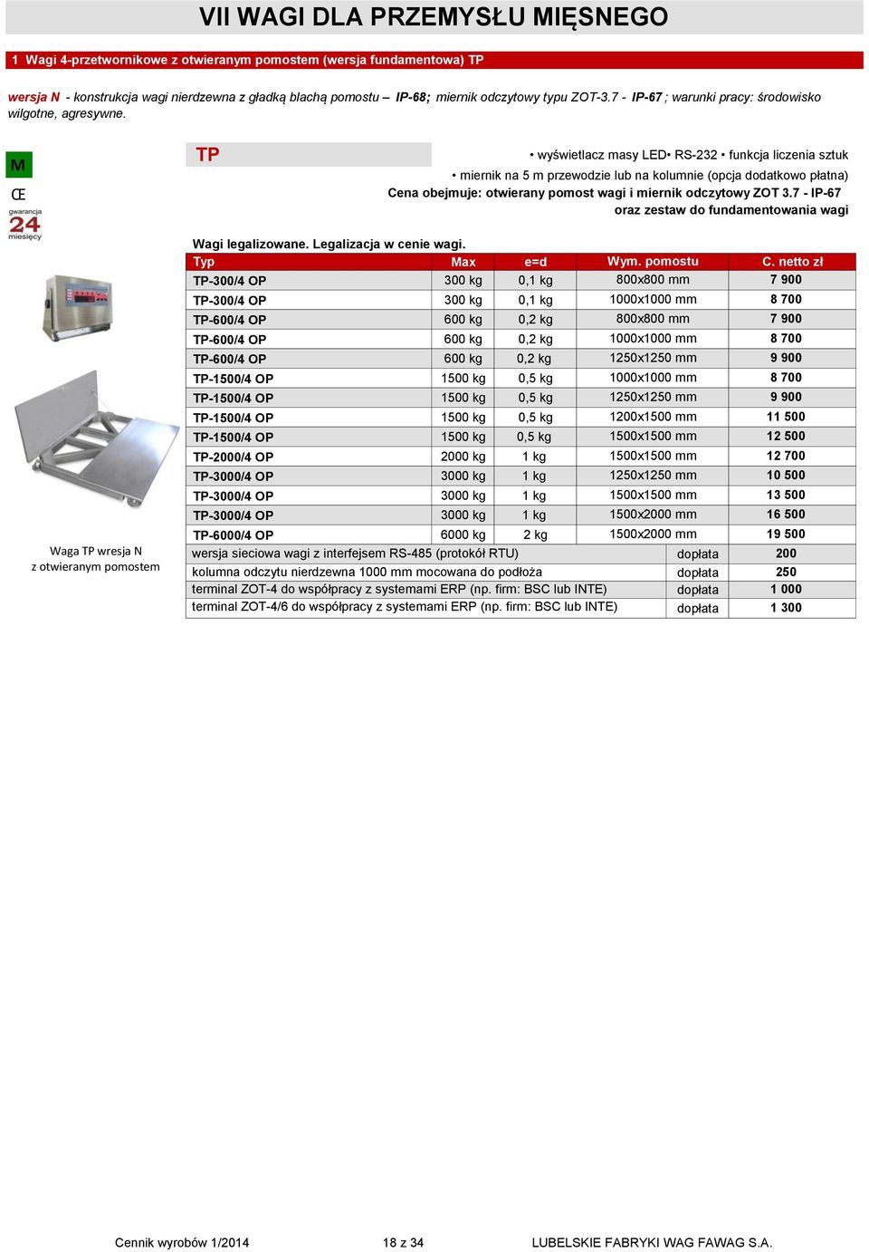 TP wyświetlacz masy LED RS232 funkcja liczenia sztuk miernik na 5 m przewodzie lub na kolum (opcja dodatkowo płatna) Cena obejmuje: otwierany pomost wagi i miernik odczytowy ZOT 3.