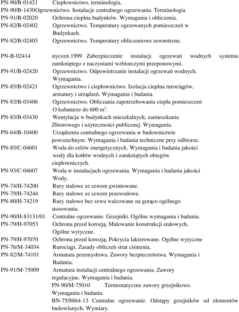 PN-B-02414 styczeń 1999 Zabezpieczenie instalacji ogrzewań wodnych systemu zamkniętego z naczyniami wzbiorczymi przeponowymi. PN-91/B-02420 Ogrzewnictwo. Odpowietrzanie instalacji ogrzewań wodnych.