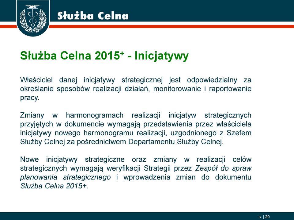 inicjatywy nowego harmonogramu realizacji, uzgodnionego z Szefem Służby Celnej za pośrednictwem Departamentu Służby Celnej.