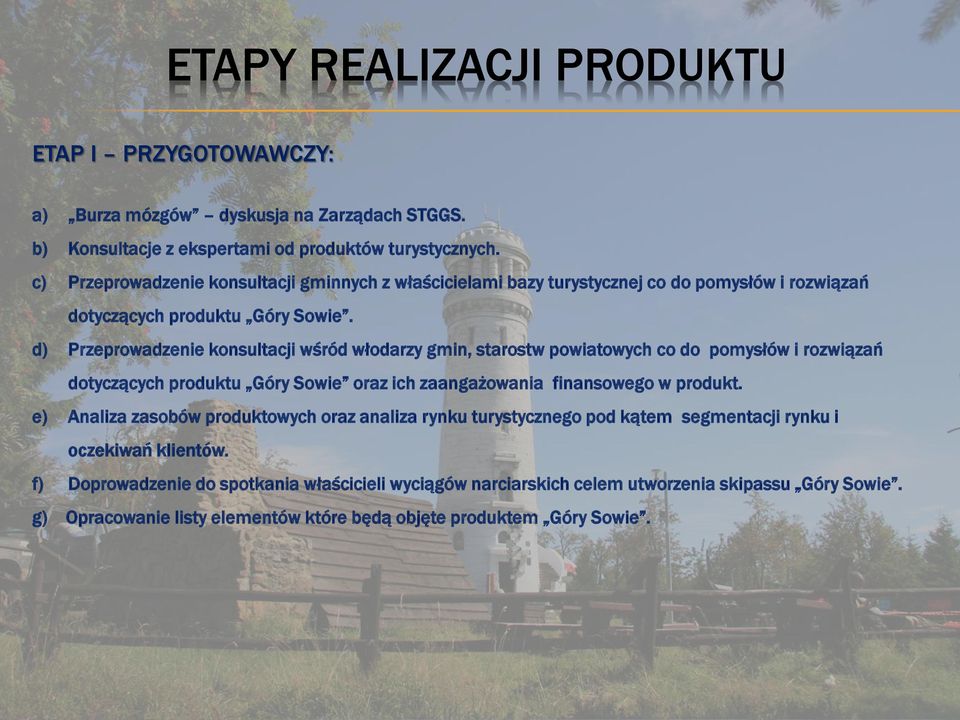 d) Przeprowadzenie konsultacji wśród włodarzy gmin, starostw powiatowych co do pomysłów i rozwiązań dotyczących produktu Góry Sowie oraz ich zaangażowania finansowego w produkt.