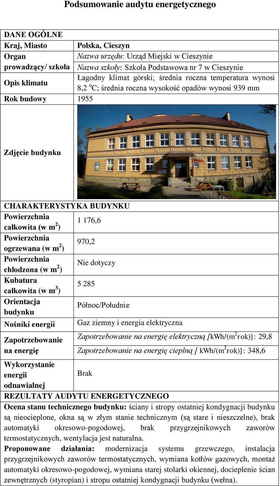 elektryczną [kwh/(m 2 rok)]: 29,8 cieplną [ kwh/(m 2 rok)]: 348,6 energii odnawialnej Ocena stanu technicznego budynku: ściany i stropy ostatniej kondygnacji budynku są nieocieplone, okna są w złym