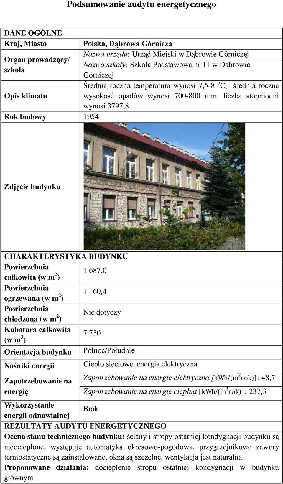 elektryczną [kwh/(m 2 rok)]: 48,7 cieplną [kwh/(m 2 rok)]: 237,3 Ocena stanu technicznego budynku: ściany i stropy ostatniej kondygnacji budynku są nieocieplone, występuje automatyka