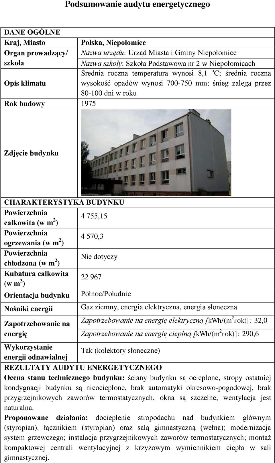 słoneczna elektryczną [kwh/(m 2 rok)]: 32,0 cieplną [kwh/(m 2 rok)]: 290,6 Tak (kolektory słoneczne) Ocena stanu technicznego budynku: ściany budynku są ocieplone, stropy ostatniej kondygnacji