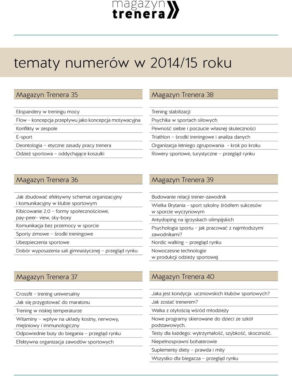 Organizacja letniego zgrupowania - krok po kroku Rowery sportowe, turystyczne przegląd rynku Magazyn Trenera 36 Magazyn Trenera 39 Jak zbudować efektywny schemat organizacyjny i komunikacyjny w