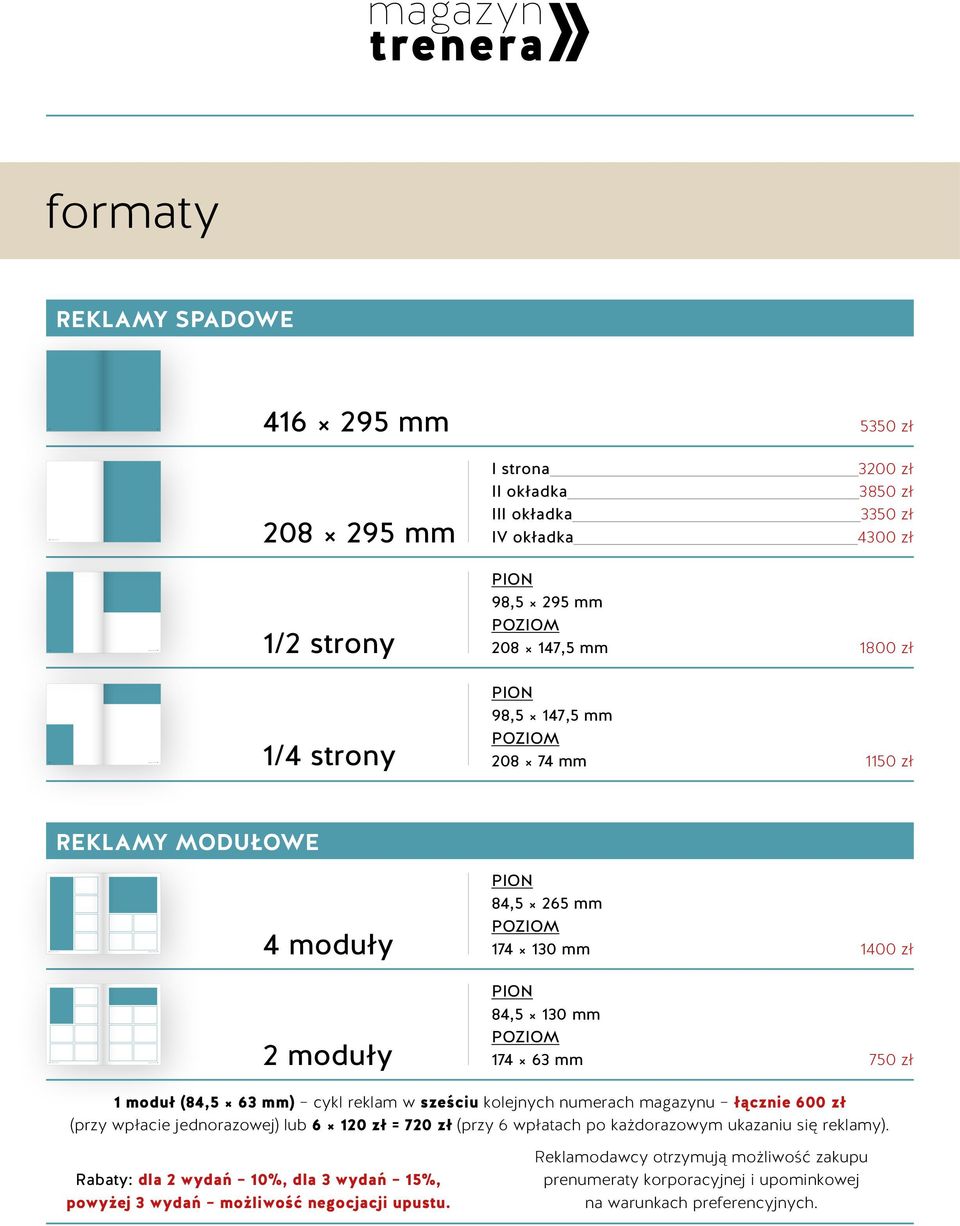 zł 1/4 strony 98,5 147,5 mm 208 74 mm 1150 zł REKLAMY MODUŁOWE 4 moduły 84,5 265 mm 174 130 mm 1400 zł 2 moduły 84,5 130 mm 174 63 mm 750 zł 1 moduł (84,5 63 mm) cykl reklam w sześciu kolejnych