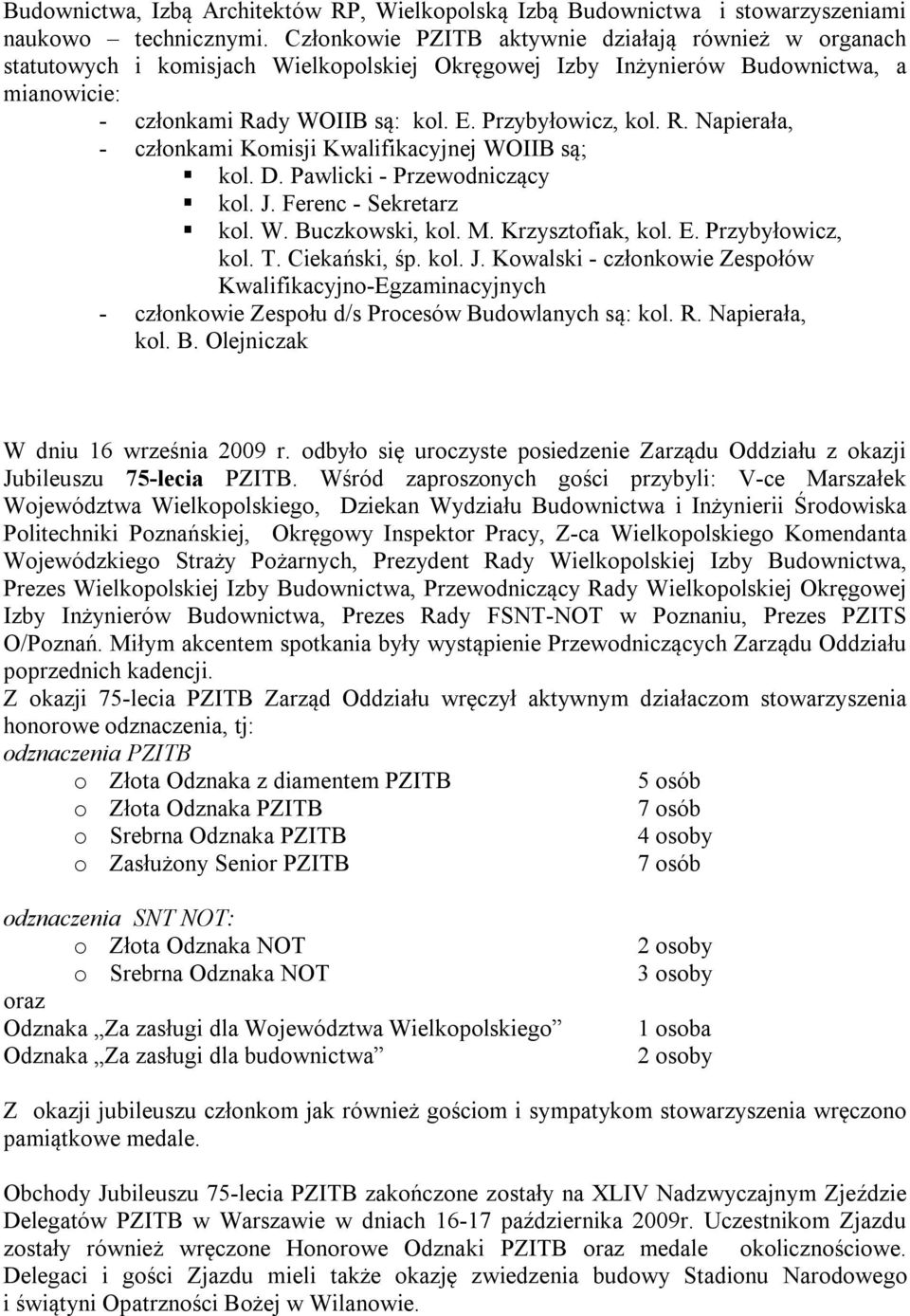 R. Napierała, - członkami Komisji Kwalifikacyjnej WOIIB są; kol. D. Pawlicki - Przewodniczący kol. J. Ferenc - Sekretarz kol. W. Buczkowski, kol. M. Krzysztofiak, kol. E. Przybyłowicz, kol. T.