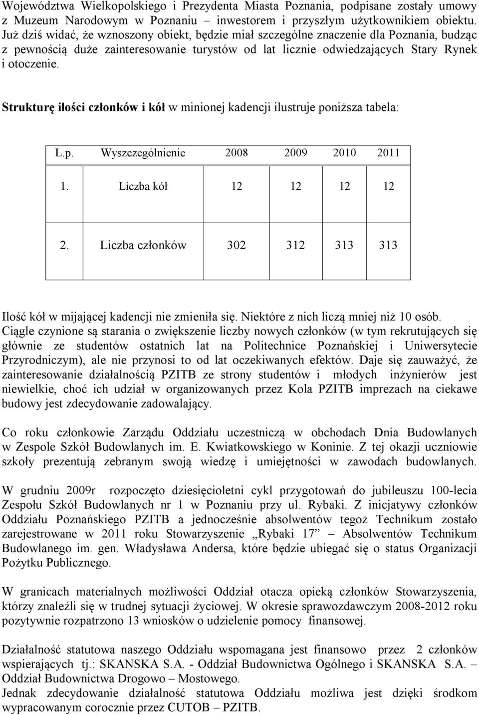 Strukturę ilości członków i kół w minionej kadencji ilustruje poniższa tabela: L.p. Wyszczególnienie 2008 2009 2010 2011 1. Liczba kół 12 12 12 12 2.