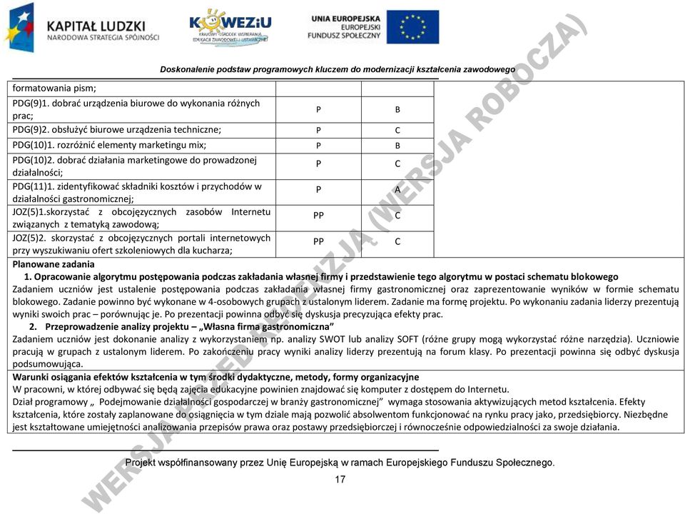 zidentyfikowad składniki kosztów i przychodów w A działalności gastronomicznej; JOZ(5)1.skorzystad z obcojęzycznych zasobów Internetu związanych z tematyką zawodową; JOZ(5)2.