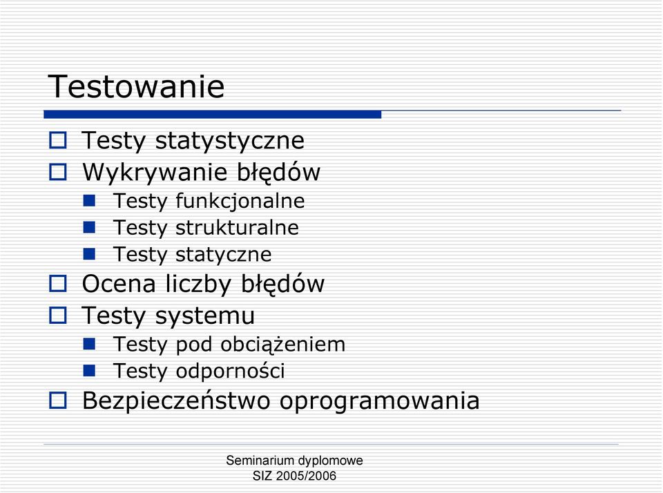 statyczne Ocena liczby błędów Testy systemu Testy