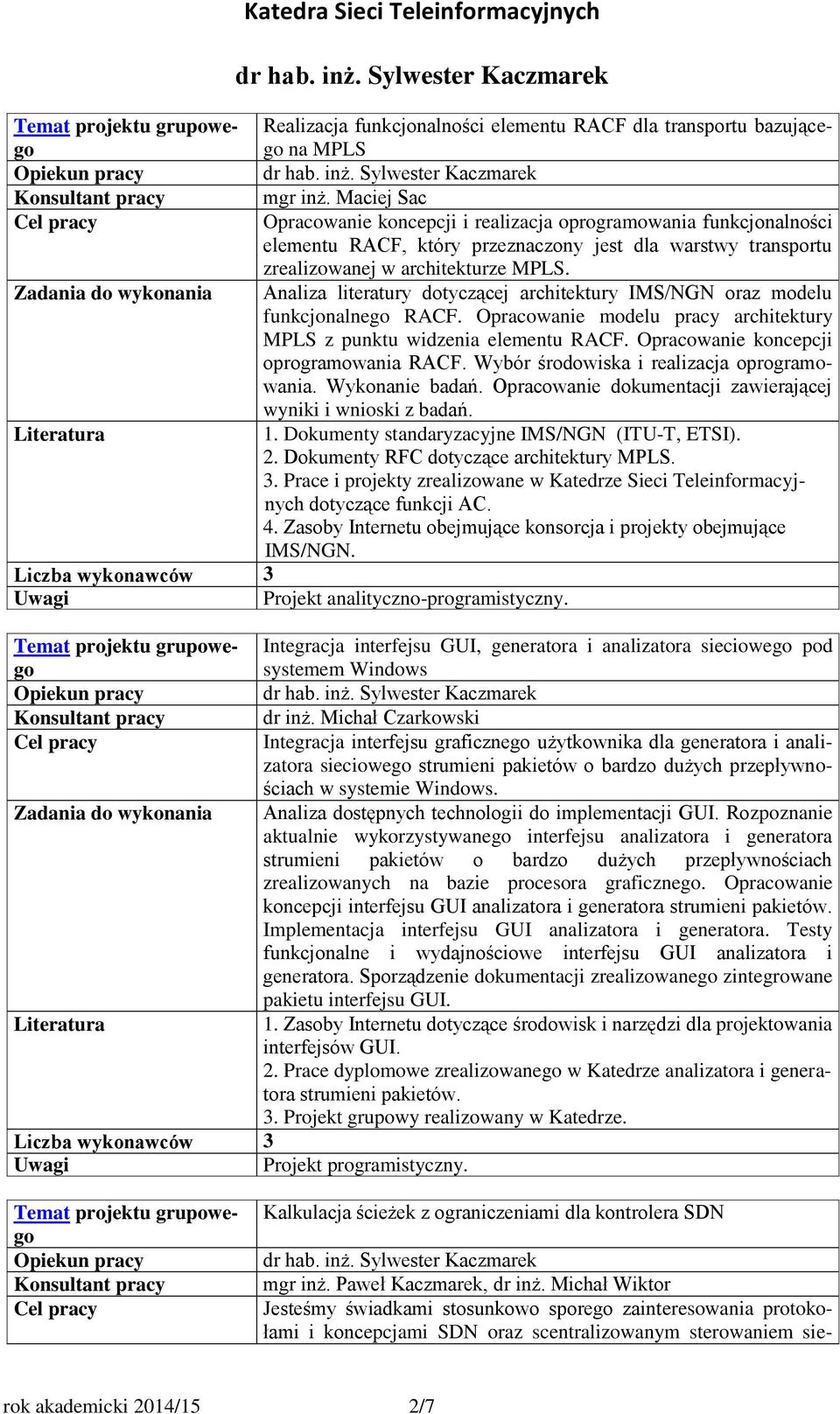 Analiza literatury dotyczącej architektury IMS/NGN oraz modelu funkcjonalnego RACF. Opracowanie modelu pracy architektury MPLS z punktu widzenia elementu RACF.