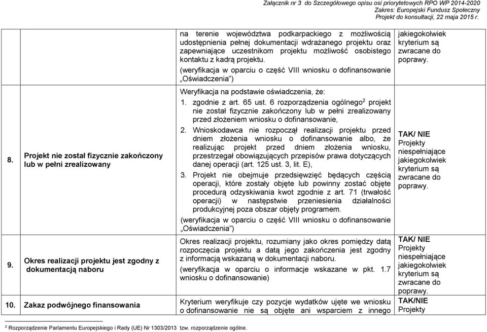 kontaktu z kadrą projektu. (weryfikacja w oparciu o część VIII wniosku o dofinansowanie Oświadczenia ) Weryfikacja na podstawie oświadczenia, że: 1. zgodnie z art. 65 ust.