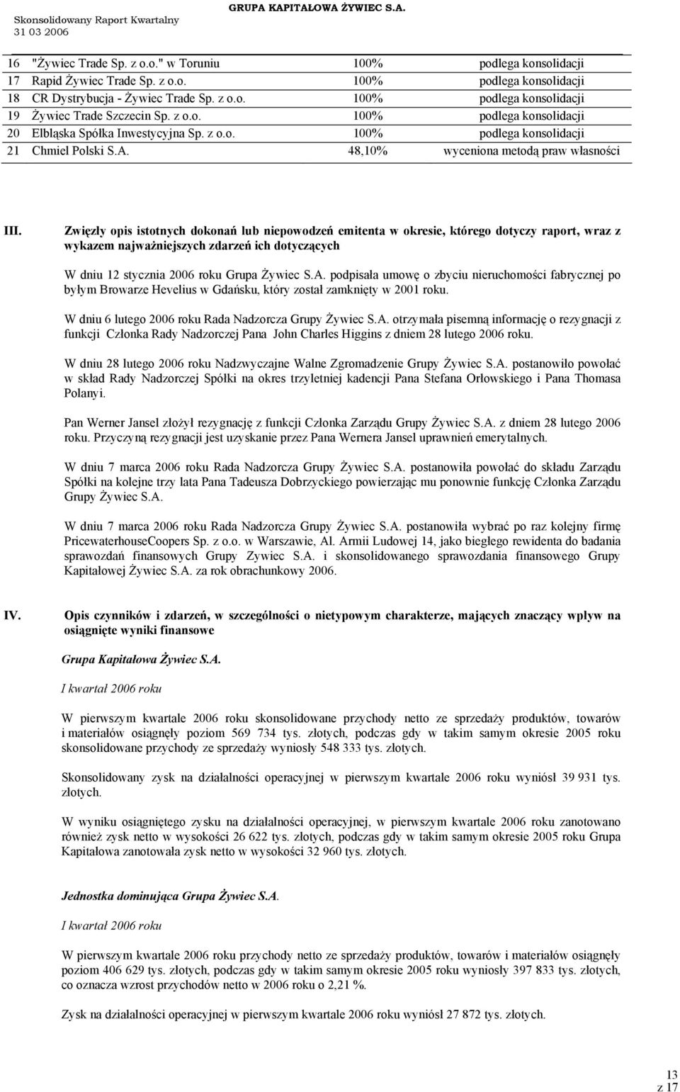 Zwięzły opis istotnych dokonań lub niepowodzeń emitenta w okresie, którego dotyczy raport, wraz z wykazem najważniejszych zdarzeń ich dotyczących W dniu 12 stycznia 2006 roku Grupa Żywiec S.A.