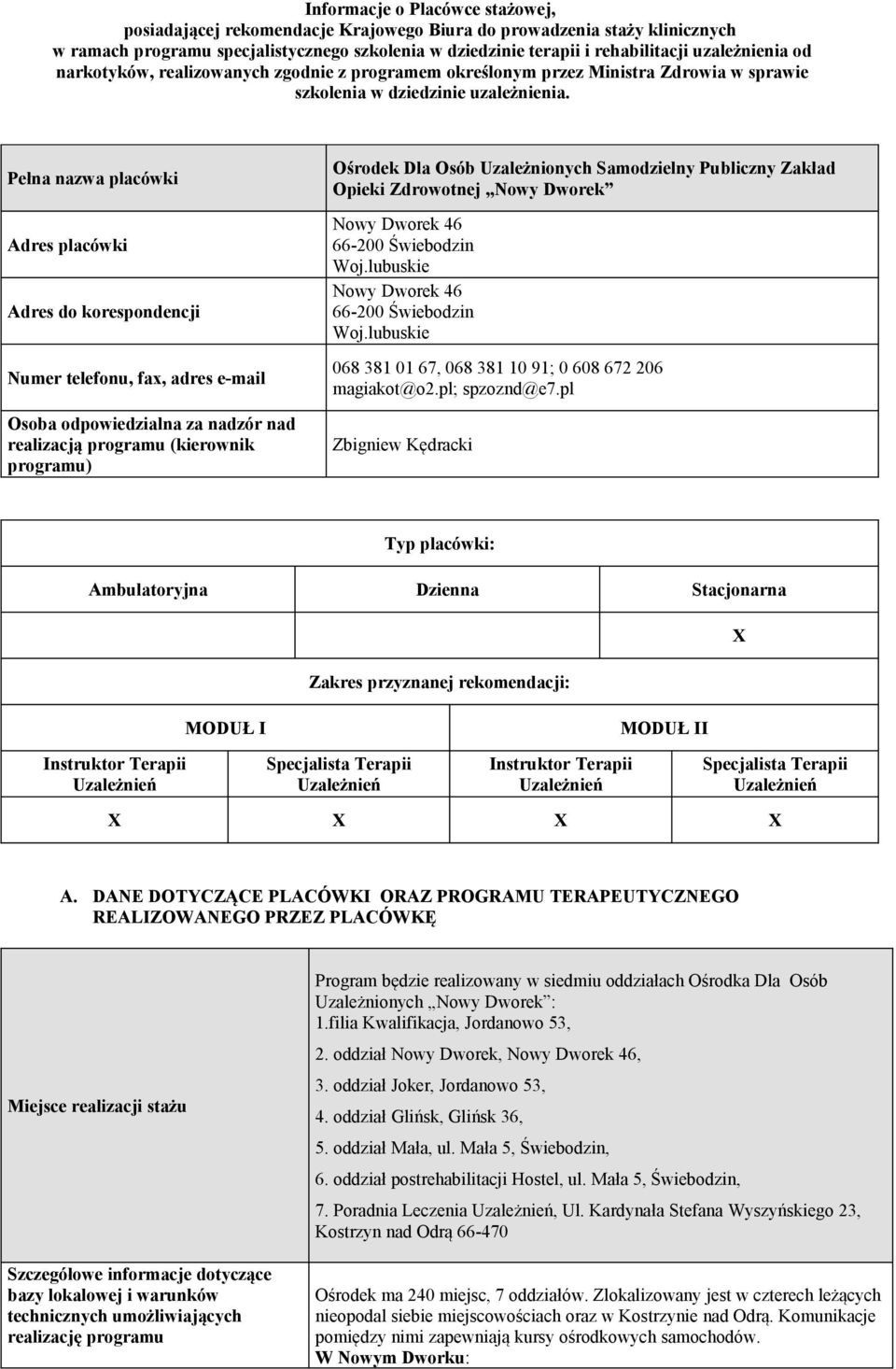 Pełna nazwa placówki Adres placówki Adres do korespondencji Numer telefonu, fax, adres e-mail Osoba odpowiedzialna za nadzór nad realizacją programu (kierownik programu) Ośrodek Dla Osób