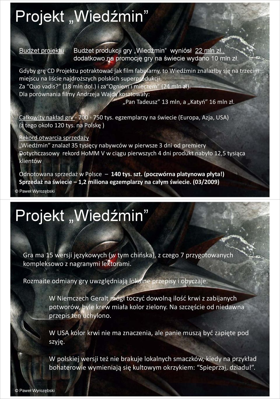 ) i za Ogniem i mieczem (24 mln zł). Dla porównania filmy Andrzeja Wajdy kosztowały: Pan Tadeusz 13 mln, a Katyń 16 mln zł. Całkowity nakład gry 700 750 tys.
