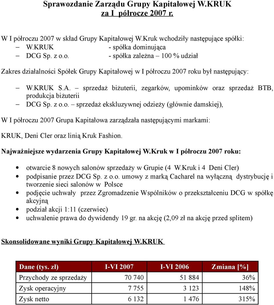 Najważniejsze wydarzenia Grupy Kapitałwej W.Kruk w I półrczu 2007 rku: twarcie 8 nwych salnów sprzedaży w Grupie (4 W.Kruk i 4 Deni Cler) pdpisanie przez DCG Sp. z.
