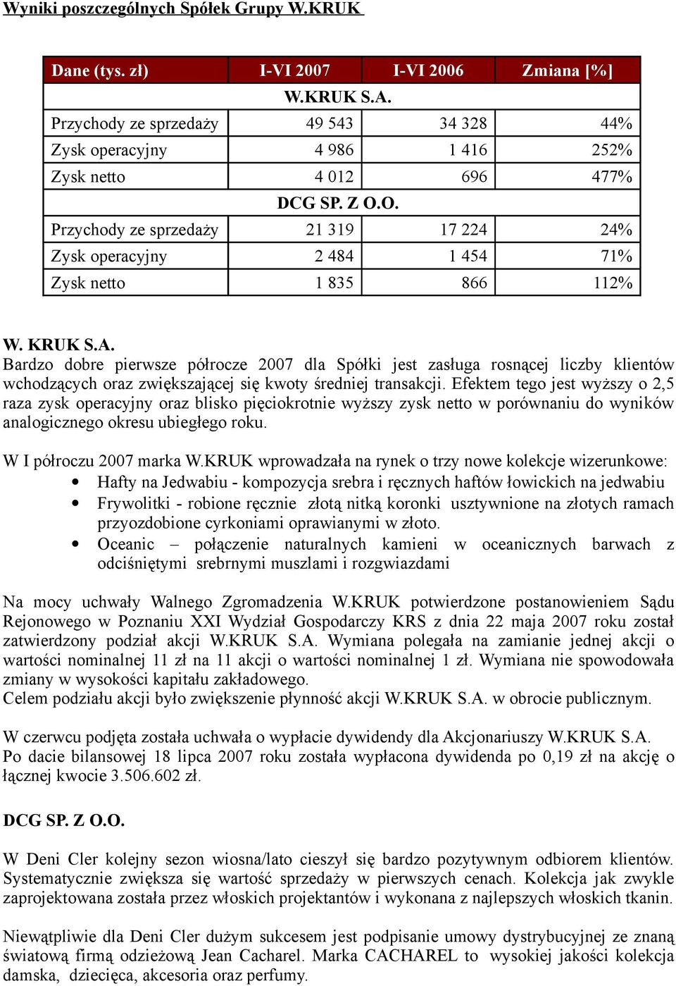 O. Przychdy ze sprzedaży 21 319 17 224 24% Zysk peracyjny 2 484 1 454 71% Zysk nett 1 835 866 112% W. KRUK S.A.