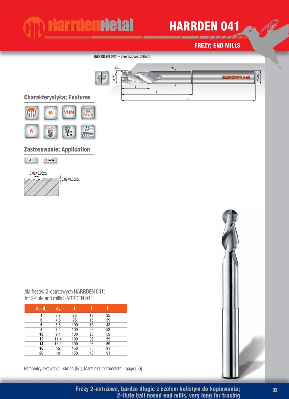 26 59 15 150 30 91 20 19 150 91 Parametry skrawania - strona [55]; Machining parameters page [55] Frezy