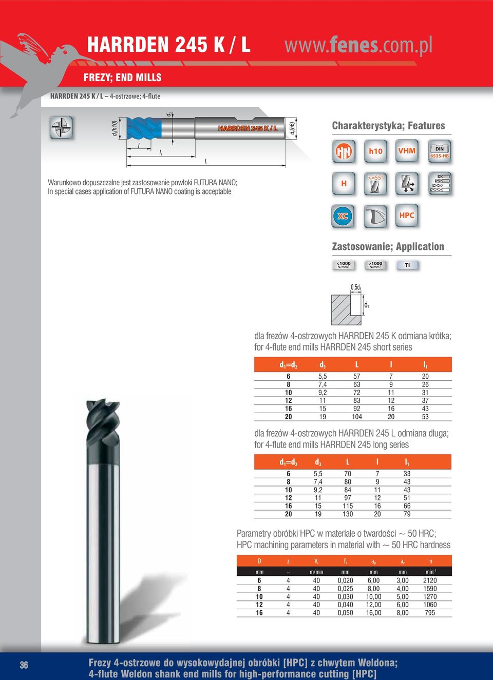 K odmiana krótka; for -flute end mills HARRDEN 25 short series d 1 =d 2 d 3 L l l 1 6 5,5 57 7 20 8 7, 63 9 26 9,2 72 11 31 11 83 37 15 92 3 20 19 20 53 dla frezów -ostrzowych HARRDEN 25 L odmiana