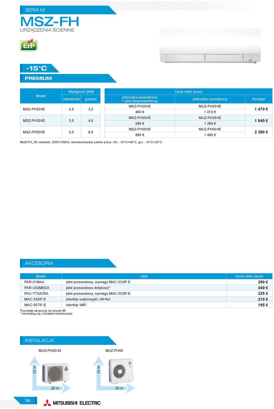 MUZ-FH_VE zasilanie: 230V/1/50Hz; rekomendowany zakres pracy: chł.: -10 C/+46 C, grz.